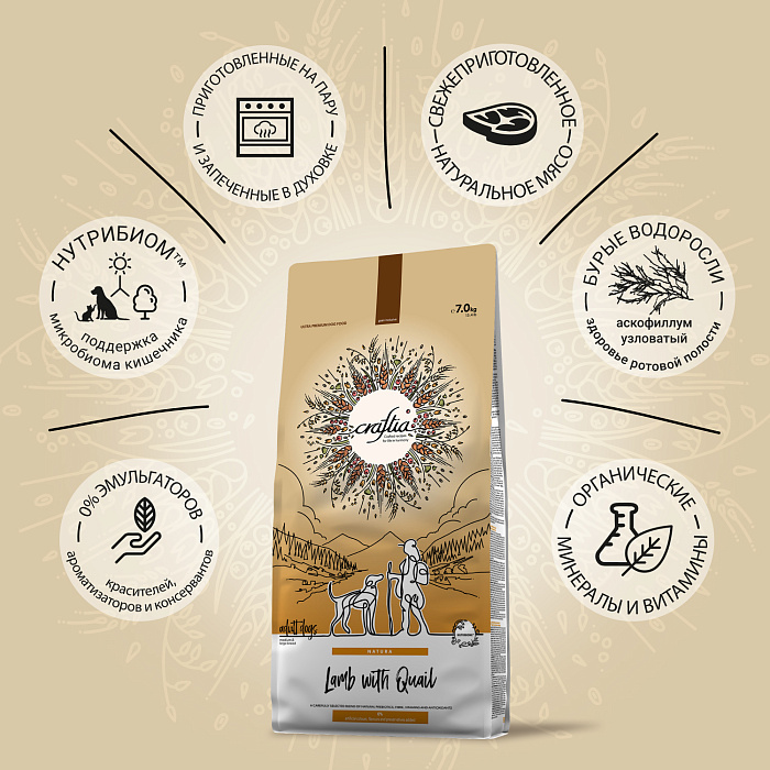 Сухой корм CRAFTIA NATURA для взрослых собак средних и крупных пород из ягненка с перепелкой 7 кг