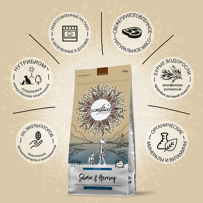 Сухой корм CRAFTIA NATURA для взрослых собак средних и крупных пород из лосося и сельди 2 кг