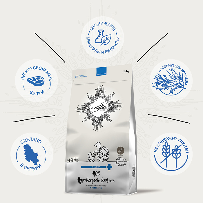 Ветеринарная диета CRAFTIA GALENA CAT HYPOALLERGENIC DERM CARE Гипоаллердженик Дерм для кошек при пищевой аллергии и заболеваниях кожи 1,4 кг