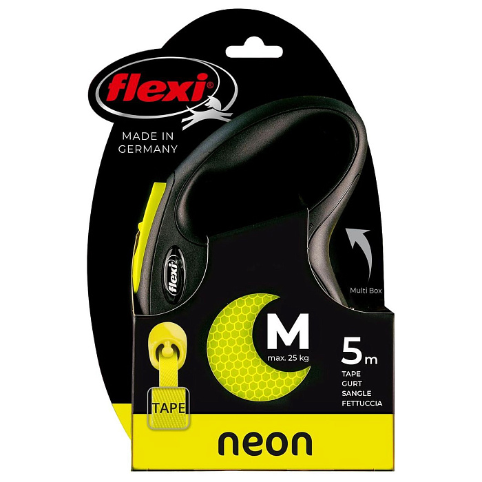 flexi рулетка Neon New М (до 25 кг) лента 5 м, светоотражающая, желтый неон