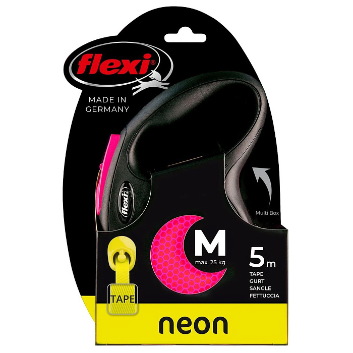 flexi рулетка Neon New M (до 25 кг) лента 5 м, светоотражающая,розовый неон
