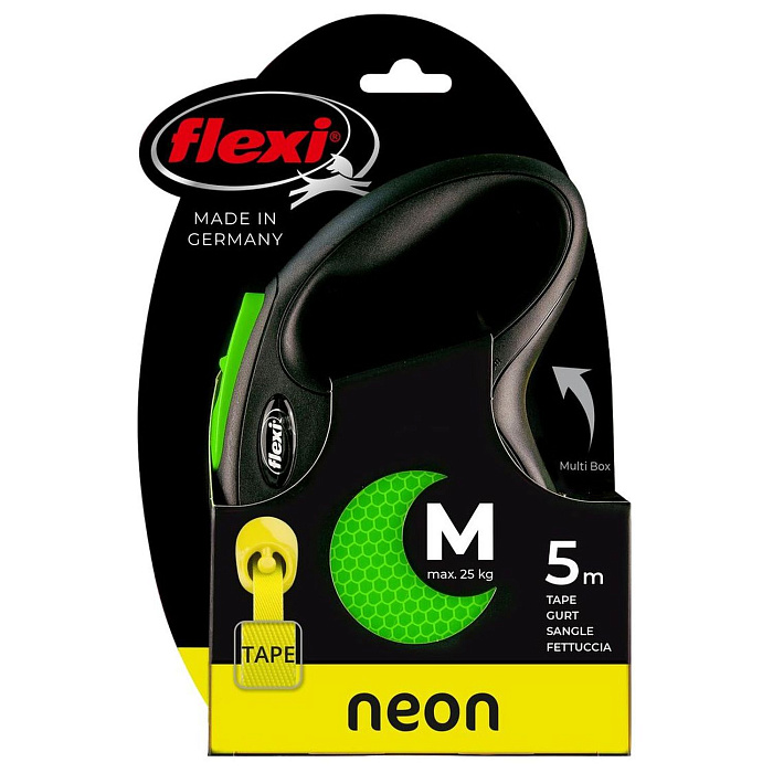flexi рулетка Neon New M (до 25 кг) лента 5 м, светоотражающая, зеленый неон