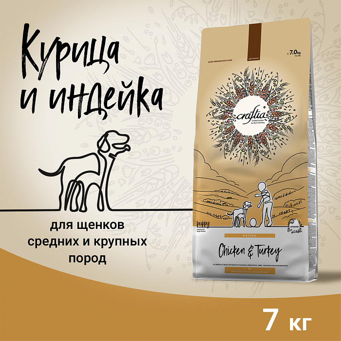 Сухой корм CRAFTIA NATURA для щенков средних и крупных пород из курицы и индейки 7 кг