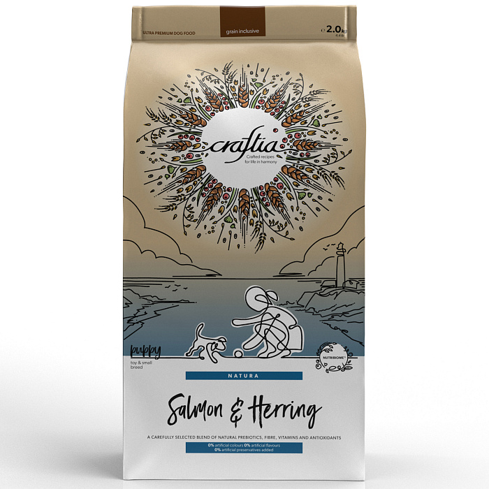 Сухой корм CRAFTIA NATURA для щенков миниатюрных и мелких пород из лосося с сельдью 2 кг
