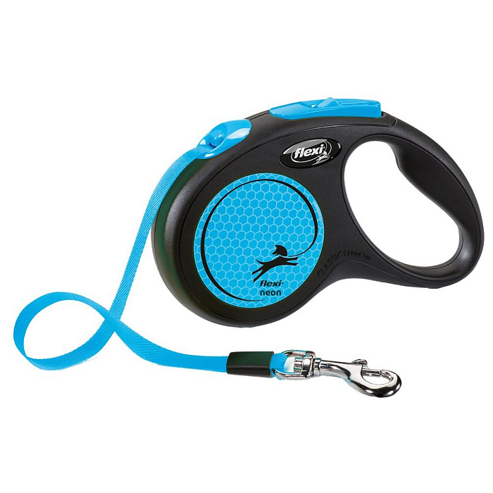 flexi рулетка Neon New S (до 15 кг) лента 5 м, светоотражающая, голубой неон