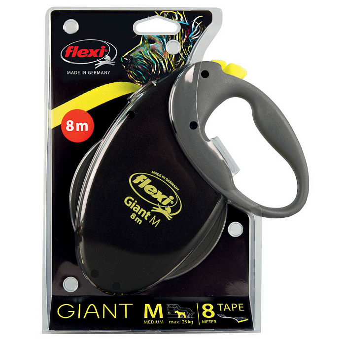flexi рулетка Giant Neon M (до 25 кг) лента 8 м, светоотражающая, желтый неон