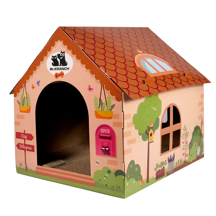 Когтеточка-домик Mr.Kranch для кошек 41.5х39.4х38.5 см из картона с кошачьей мятой бежевая