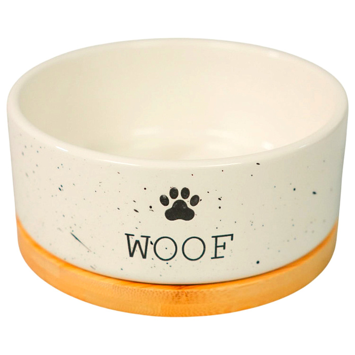 Миска Mr.Kranch Bamboo WOOF керамическая белая на бамбуковой подставке 860 мл