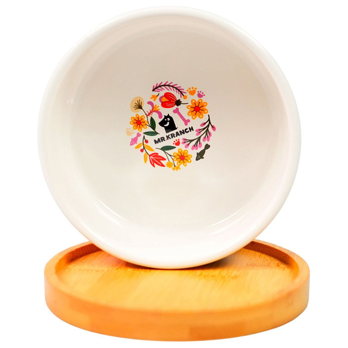 Миска Mr.Kranch Bamboo 340 мл Цветы Прованса керамическая на бамбуковой подставке розовая