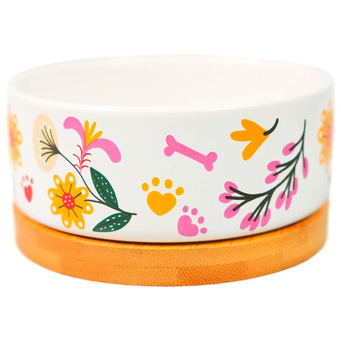 Миска Mr.Kranch Bamboo 340 мл Цветы Прованса керамическая на бамбуковой подставке розовая