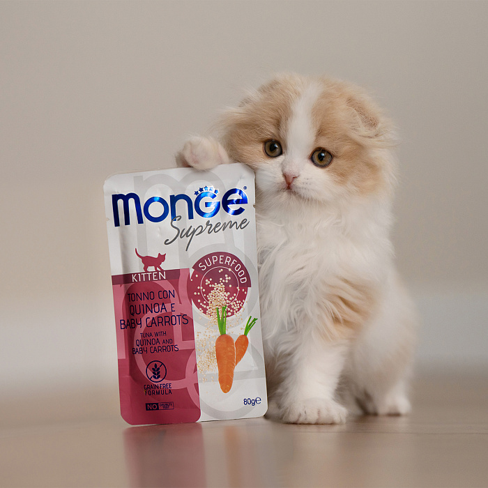 Влажный корм Monge Supreme kitten для котят из тунца с киноа и мини-морковью, паучи 80 г
