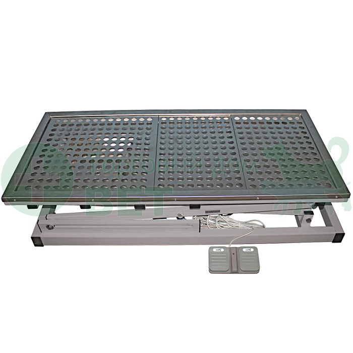 ТД ВЕТ Стол ветеринарный стоматологический VETBOT-77 с мойкой, столешница перф. лист нерж.сталь,  1300x600x(300- 1190)h мм (каркас серый, пульт ножной