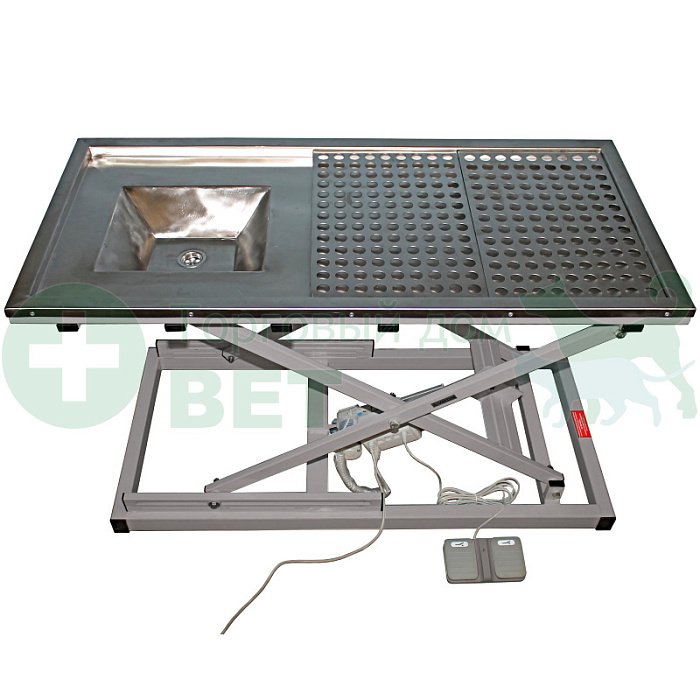 ТД ВЕТ Стол ветеринарный стоматологический VETBOT-77 с мойкой, столешница перф. лист нерж.сталь,  1300x600x(300- 1190)h мм (каркас серый, пульт ножной