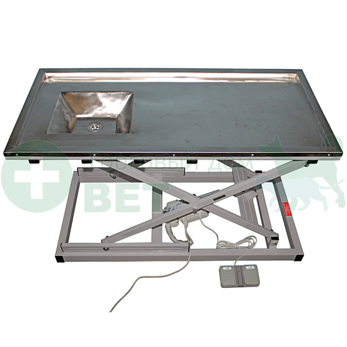 ТД ВЕТ Стол ветеринарный стоматологический VETBOT-77 с мойкой, столешница перф. лист нерж.сталь,  1300x600x(300- 1190)h мм (каркас серый, пульт ножной