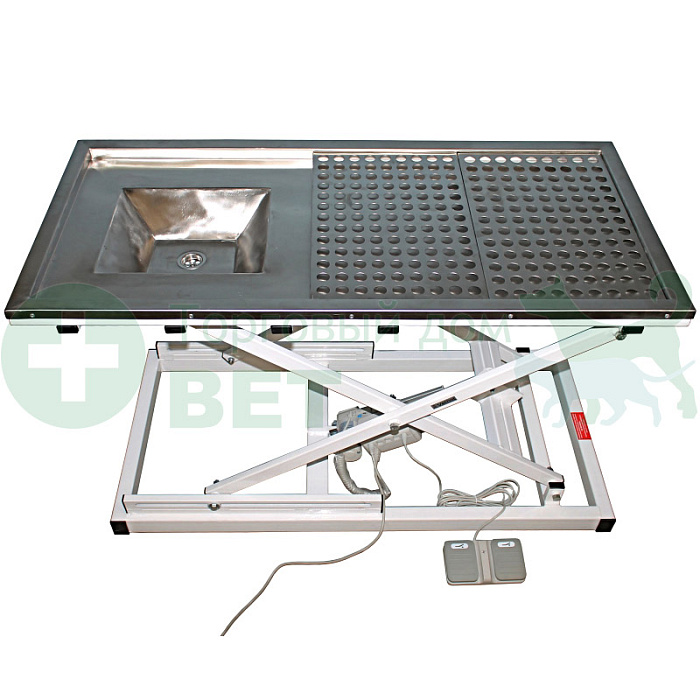 ТД ВЕТ Стол ветеринарный стоматологический VETBOT-77 с мойкой, столешница перф. лист нерж.сталь,  1300x600x(300- 1190)h мм (каркас белый, пульт ножной