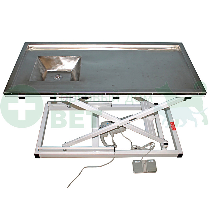 ТД ВЕТ Стол ветеринарный стоматологический VETBOT-77 с мойкой, столешница перф. лист нерж.сталь,  1300x600x(300- 1190)h мм (каркас белый, пульт ножной