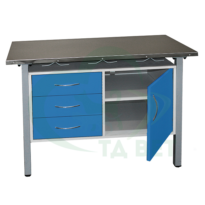 ТД ВЕТ Стол ветеринарный универсальный СВУ-3.08,столешница HPL (цвет серый-меланж) 1300х600х900 мм (фасад делфт-голубой)