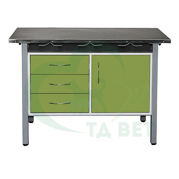ТД ВЕТ Стол ветеринарный универсальный СВУ-3.08,столешница HPL (цвет серый-меланж) 1300х600х900 мм (фасад зеленый киви)