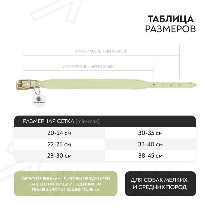 Ошейник Mr.Kranch для собак из натуральной кожи с QR-адресником 33-40см нежно-зеленый СКИДКА 40%