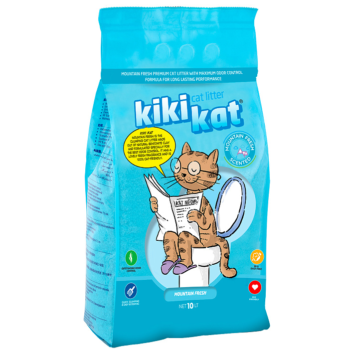 Бентонитовый наполнитель для кошачьего туалета KikiKat супербелый комкующийся, с ароматом горной свежести, 10 л
