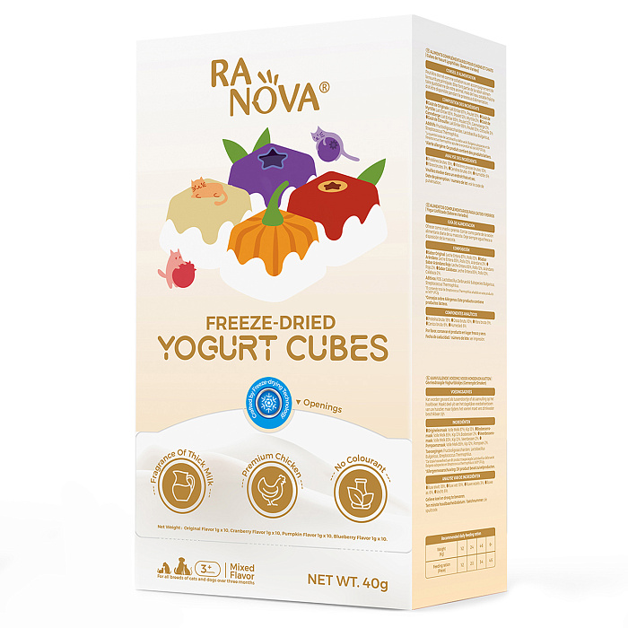 Лакомство Ranova для кошек и собак Сублимированный йогурт микс вкусов: оргинальный, черника, клюква, тыква, 40 г