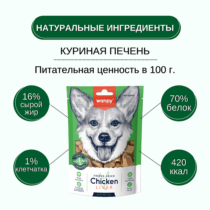 Wanpy Dog Сублимированное лакомство для собак "Куриная печень" 40 г