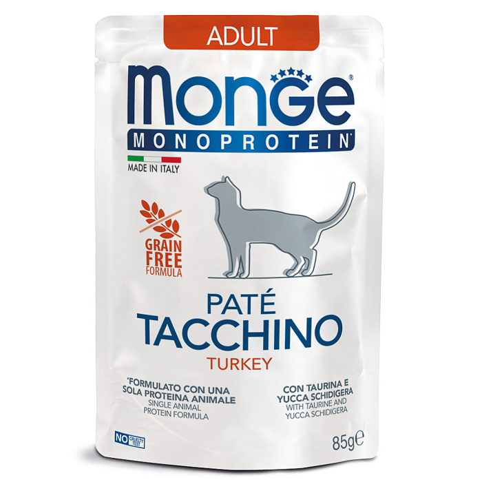 Влажный корм Monge Cat Monoprotein для взрослых кошек, из индейки, паучи 85 г