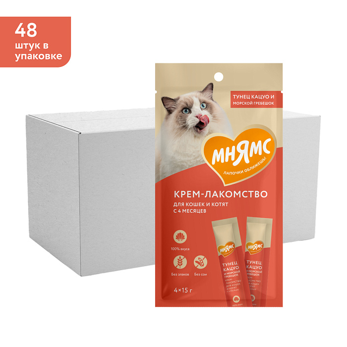 Крем-лакомство Мнямс для кошек с тунцом Кацуо и морским гребешком 15 г х 4 шт.