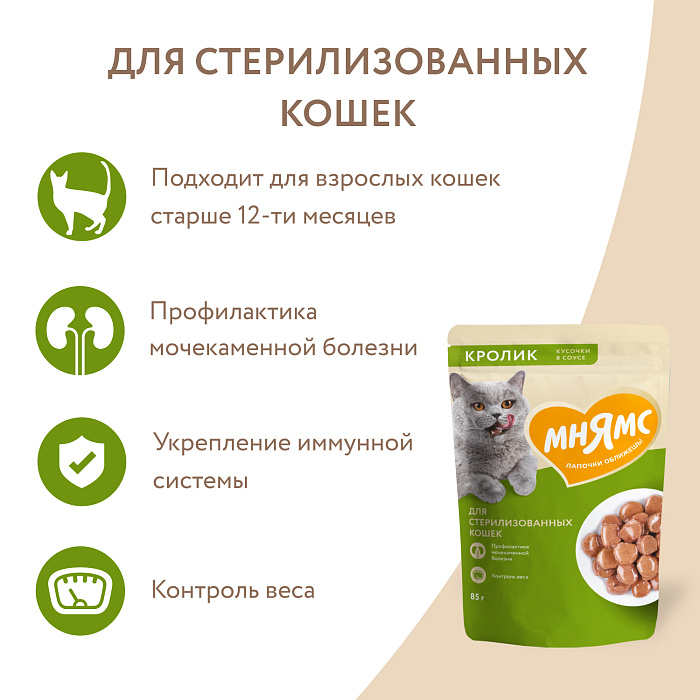 Влажный корм Мнямс На каждый день Кусочки в соусе с кроликом для стерилизованных кошек 85 г