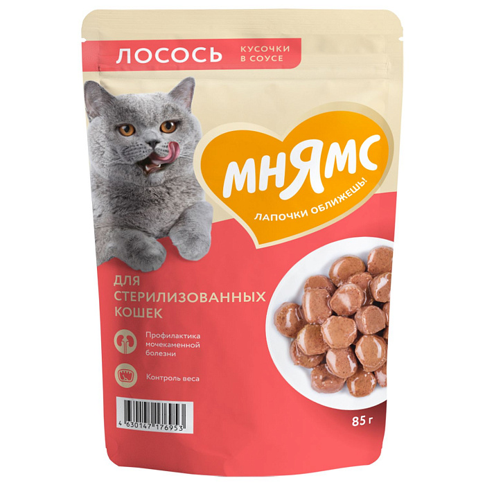 Влажный корм Мнямс На каждый день Кусочки в соусе с лососем для стерилизованных кошек 85 г
