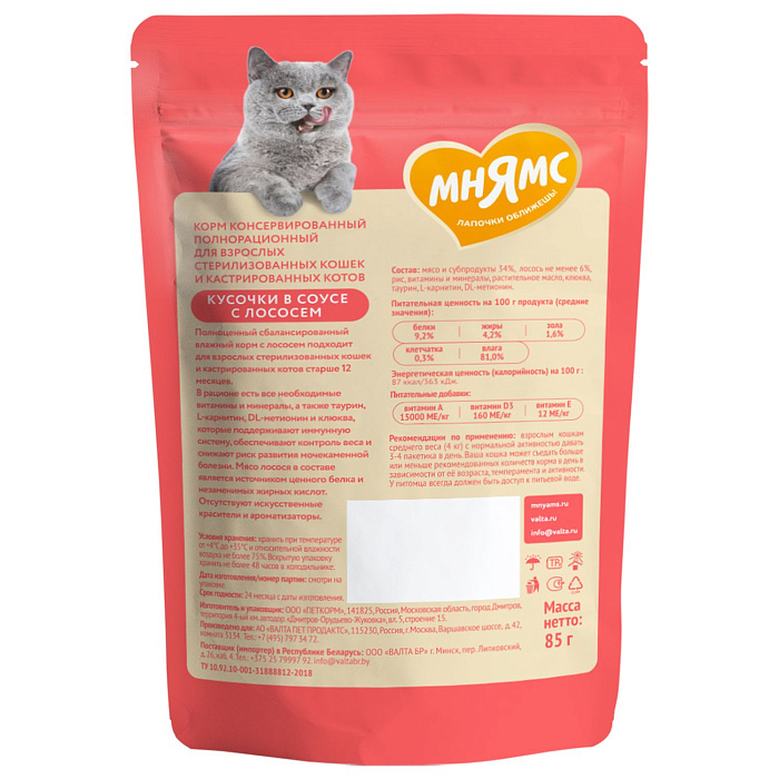 Влажный корм Мнямс На каждый день Кусочки в соусе с лососем для стерилизованных кошек 85 г