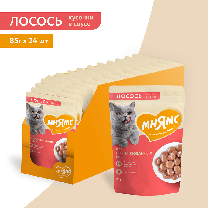 Влажный корм Мнямс На каждый день Кусочки в соусе с лососем для стерилизованных кошек 85 г