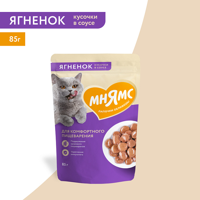 Влажный корм Мнямс На каждый день Кусочки в соусе с ягненком для комфортного пищеварения у кошек 85 г