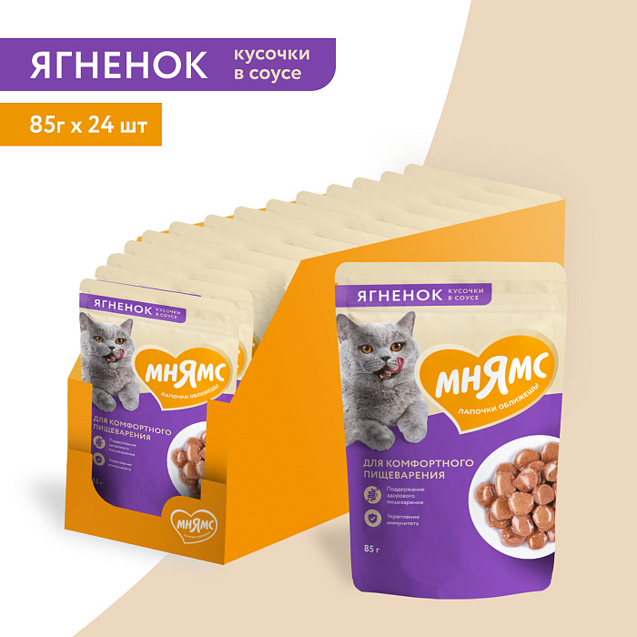 Влажный корм Мнямс На каждый день Кусочки в соусе с ягненком для комфортного пищеварения у кошек 85 г