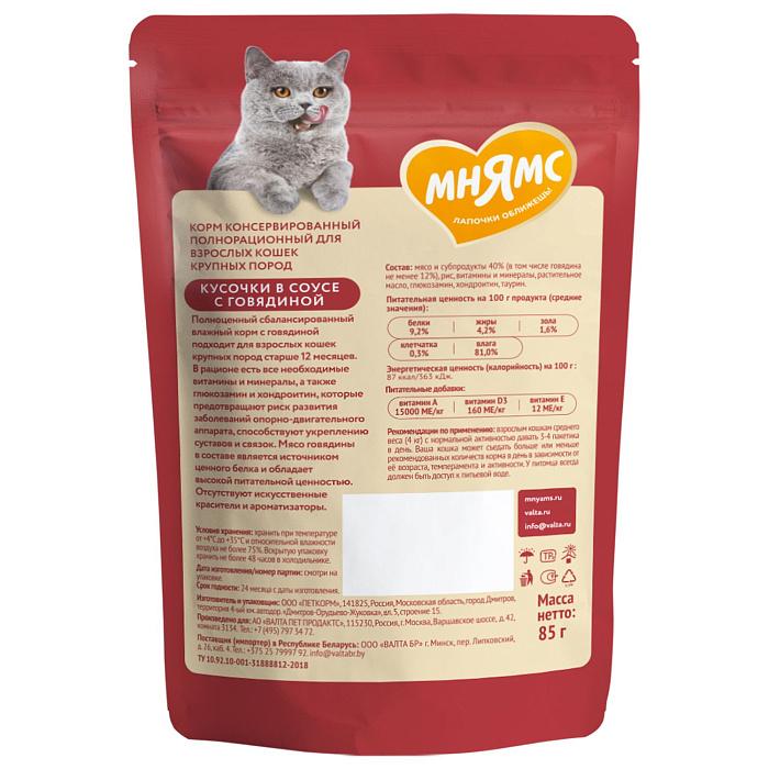 Влажный корм Мнямс На каждый день Кусочки в соусе с говядиной для крупных кошек 85 г