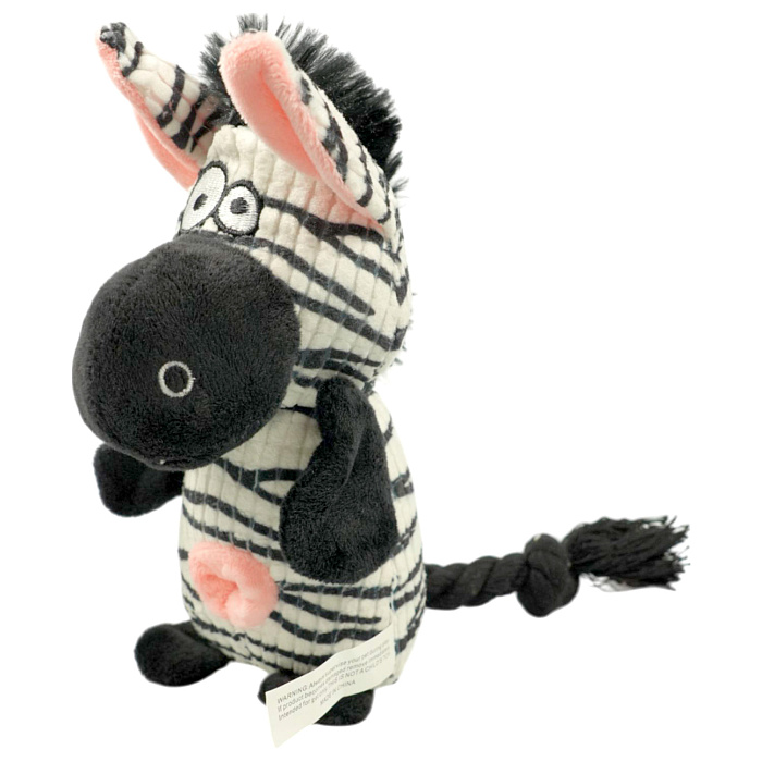 Игрушка Mr.Kranch для собак Зебра плюшевая с канатиками пищалкой и карманом под лакомство 21 см белая