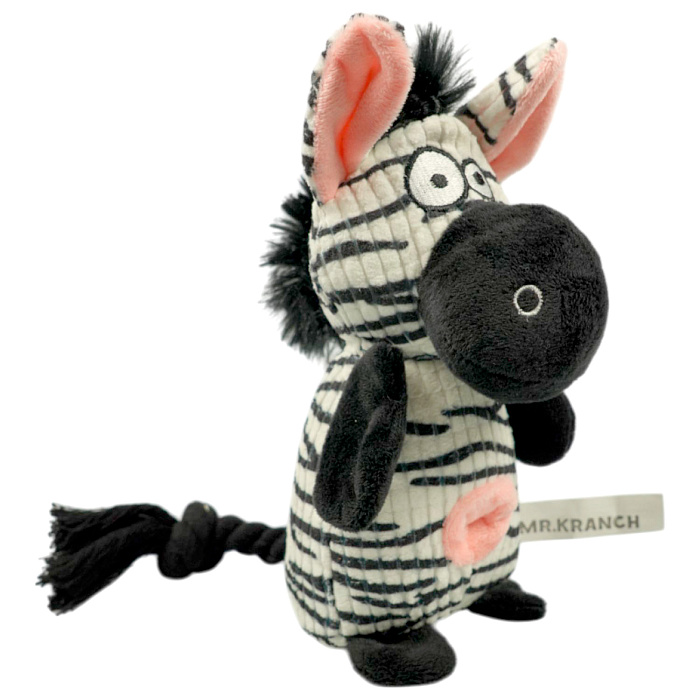Игрушка Mr.Kranch для собак Зебра плюшевая с канатиками пищалкой и карманом под лакомство 21 см белая