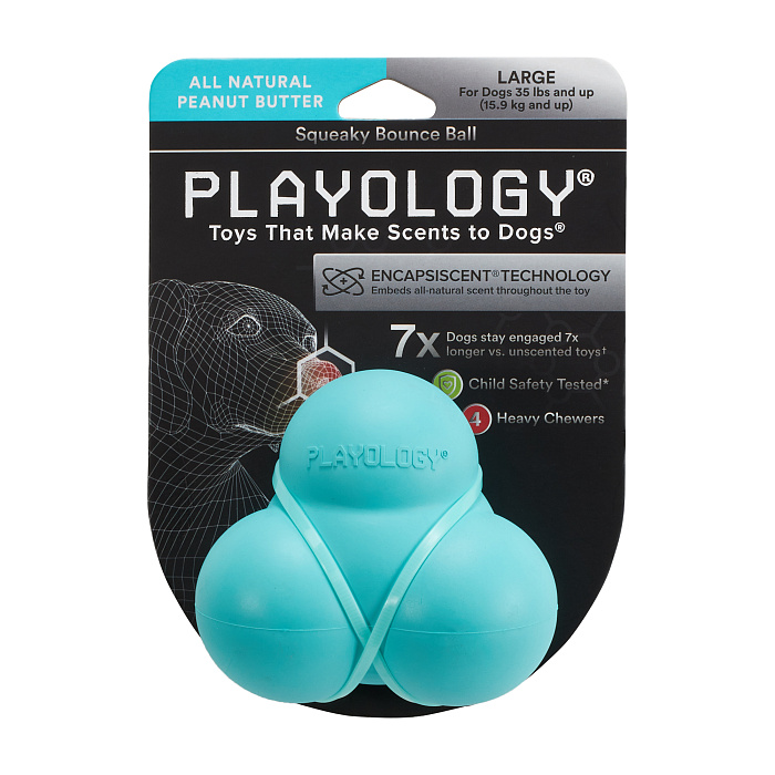 Playology жевательный тройной мяч SQUEAKY BOUNCE BALL для собак средних и крупных пород с пищалкой и с ароматом арахиса, цвет голубой СКИДКА 50%