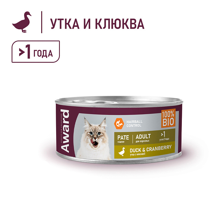 Влажный корм AWARD для взрослых кошек паштет из утки с клюквой 100г