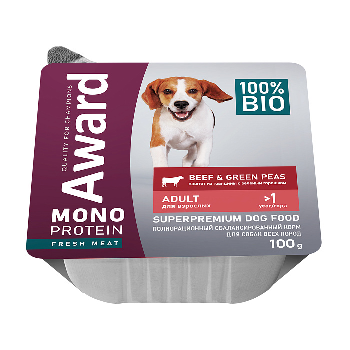 Влажный корм AWARD Monoprotein для взрослых собак паштет из говядины с зеленым горошком 100г