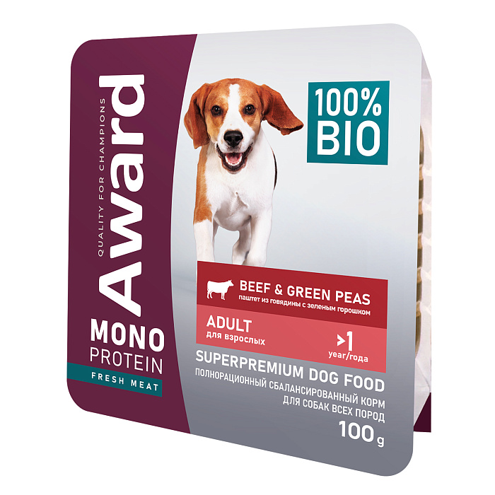 Влажный корм AWARD Monoprotein для взрослых собак паштет из говядины с зеленым горошком 100г