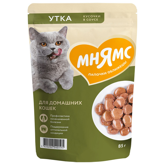 Влажный корм Мнямс На каждый день Кусочки в соусе с уткой для домашних кошек 85 г