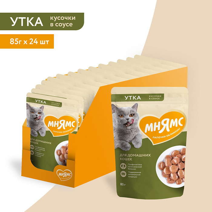 Влажный корм Мнямс На каждый день Кусочки в соусе с уткой для домашних кошек 85 г