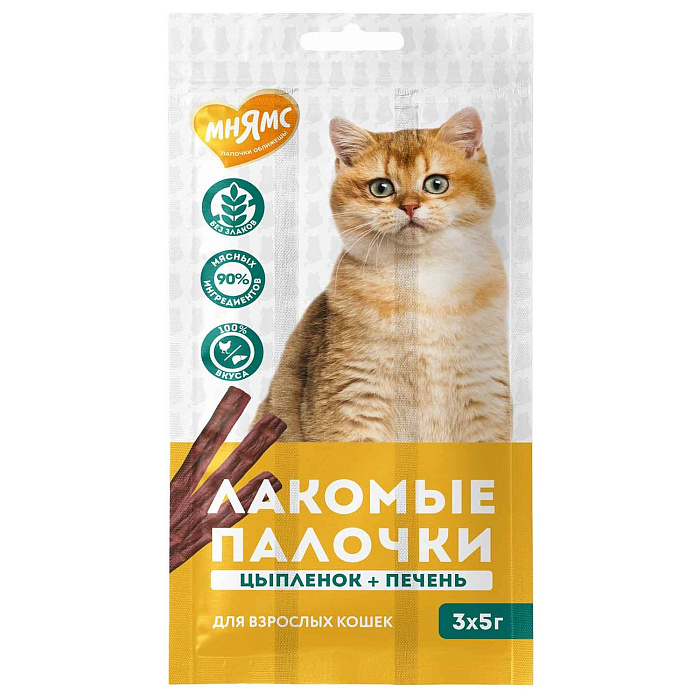 Лакомство Мнямс лакомые палочки для кошек из цыпленка и печени 3х5 г