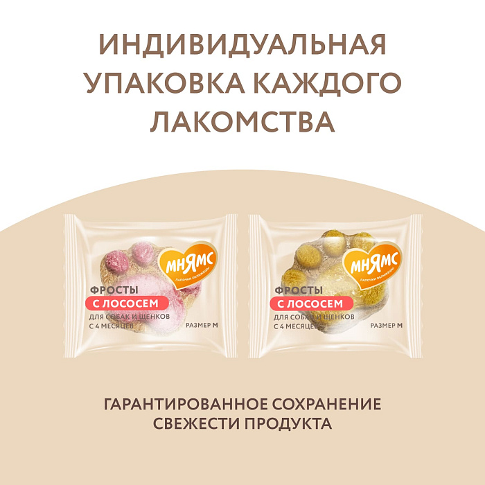 Лакомство Мнямс На каждый день для собак и щенков с 4 месяцев "Фросты" с лососем. Размер М (24шт).