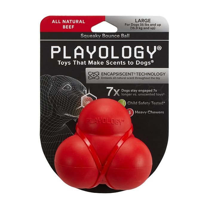 Playology жевательный тройной мяч SQUEAKY BOUNCE BALL для собак средних и крупных пород с пищалкой и с ароматом говядины, цвет красный СКИДКА 50%