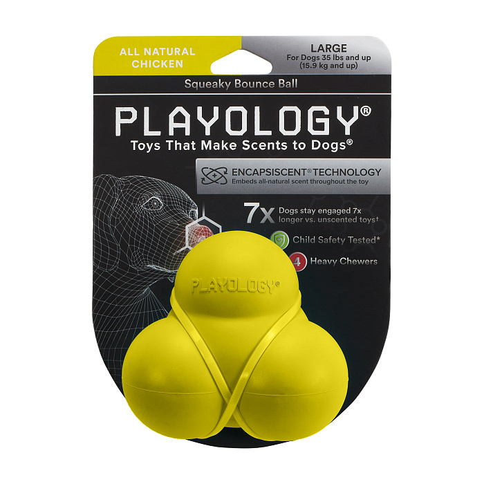 Playology жевательный тройной мяч SQUEAKY BOUNCE BALL для собак средних и крупных пород с пищалкой и с ароматом курицы, цвет желтый СКИДКА 50%