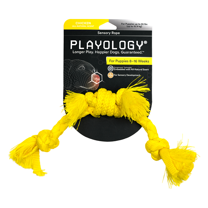 Playology сенсорный канат PUPPY SENSORY ROPE для щенков мелких и средних пород 8-16 недель с ароматом курицы, цвет желтый СКИДКА 50%