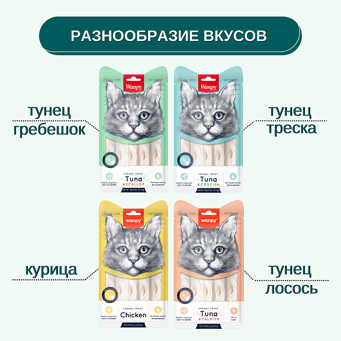 Wanpy Cat Лакомство для кошек «нежное пюре» из тунца и гребешка 70 г