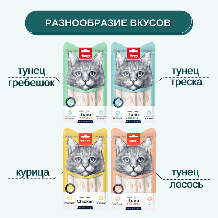 Wanpy Cat Лакомство для кошек «нежное пюре» из тунца и трески 70 г